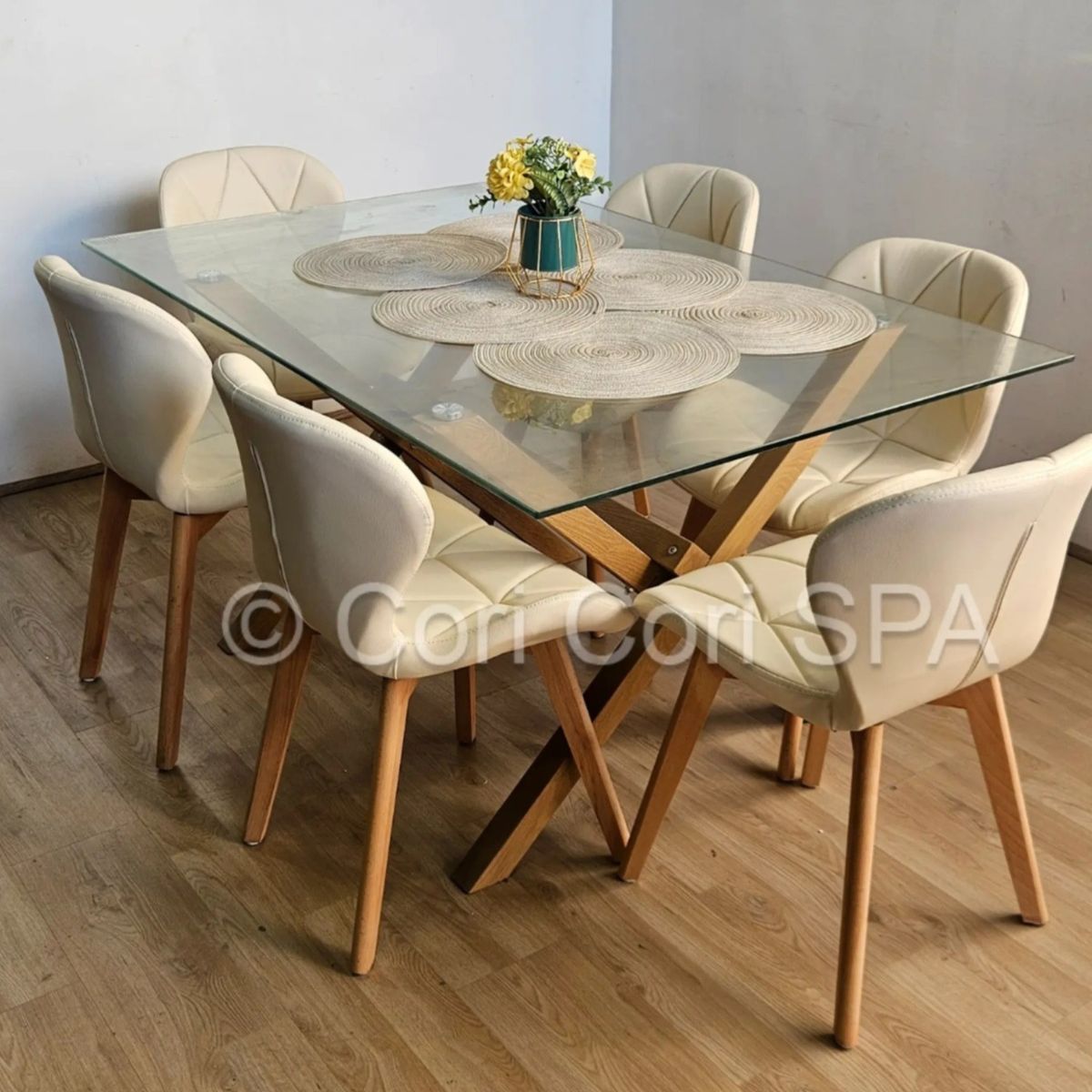 CORI CORI - Comedor Medlock 140x90cms + 6 Sillas Mariposa Ecocuero Wood Beige