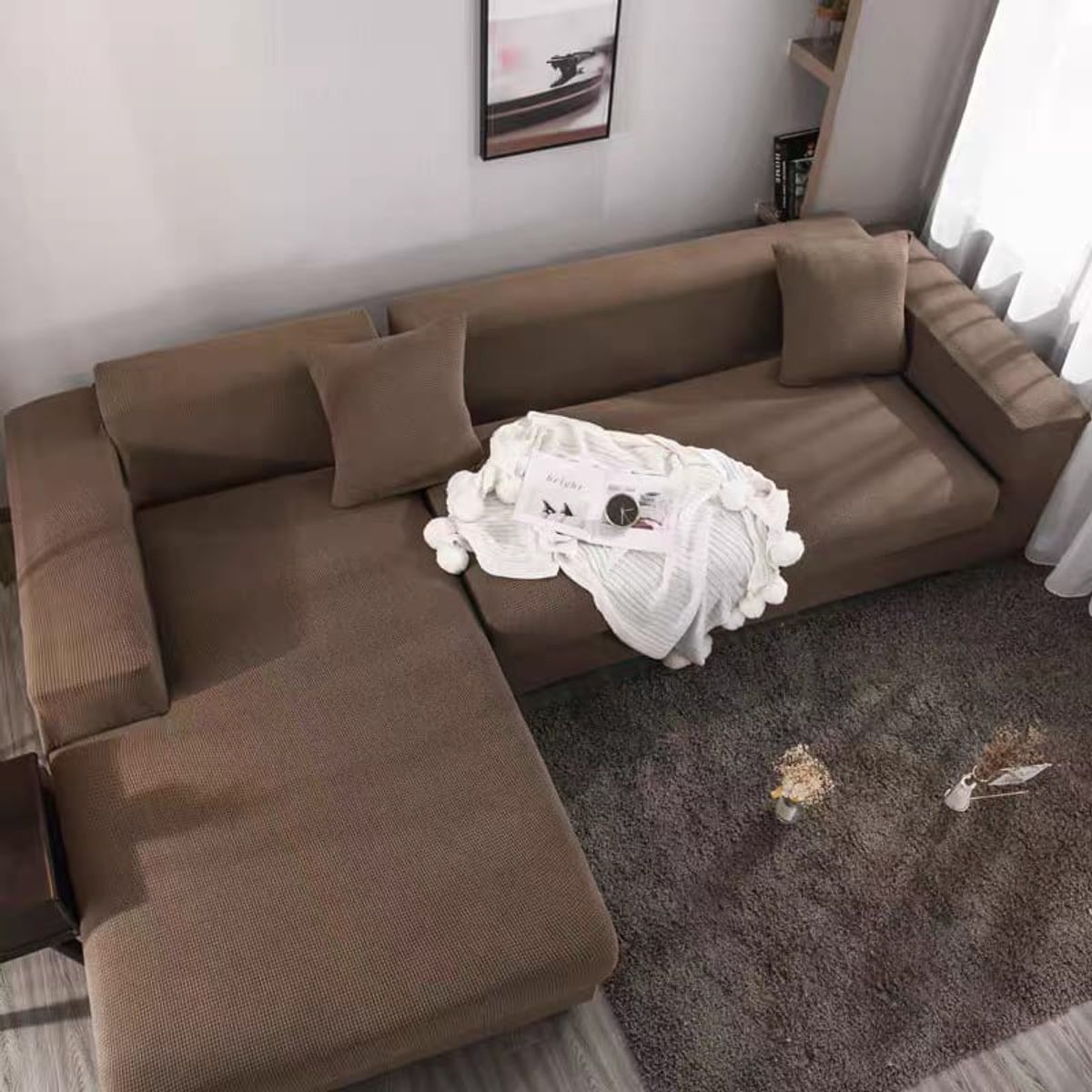 GENERICO - Funda Cubre Sofá Tipo L Pequeño Tela Cuadrille MARRRON CLARO