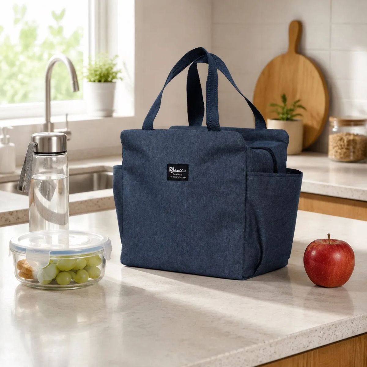 HOMESTAR - Lonchera tote térmica azul jaspeada 25x15x25 cm