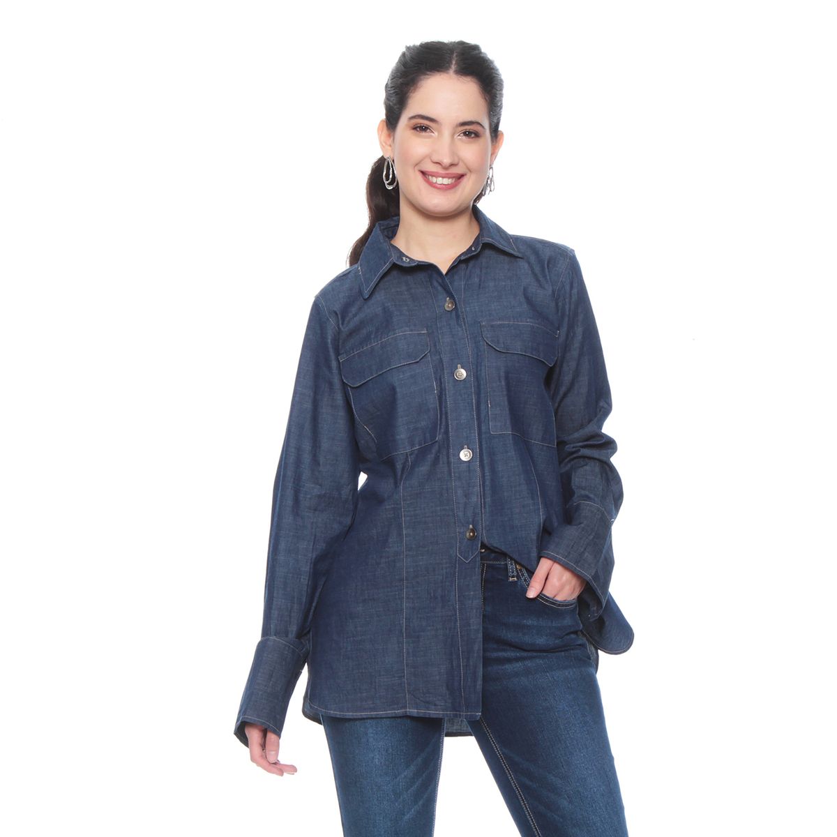 WADOS - BLUSA MANGA LARGA DENIM ABOTONADA EN DELANTERO CON BOLSILLO