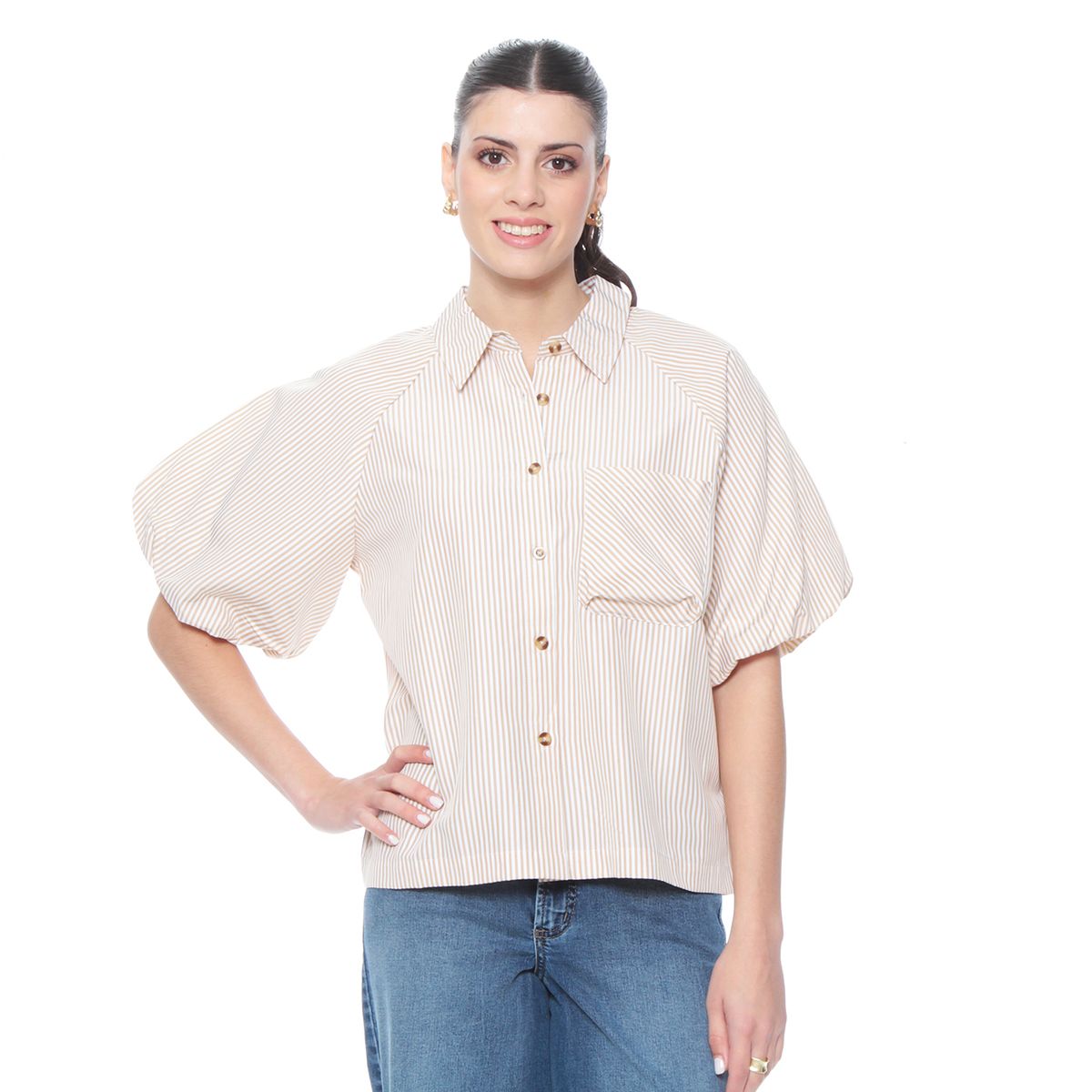 WADOS - BLUSA MANGA CORTA LISTADA ABOTONADA EN DELANTERO Y BOLSILLO