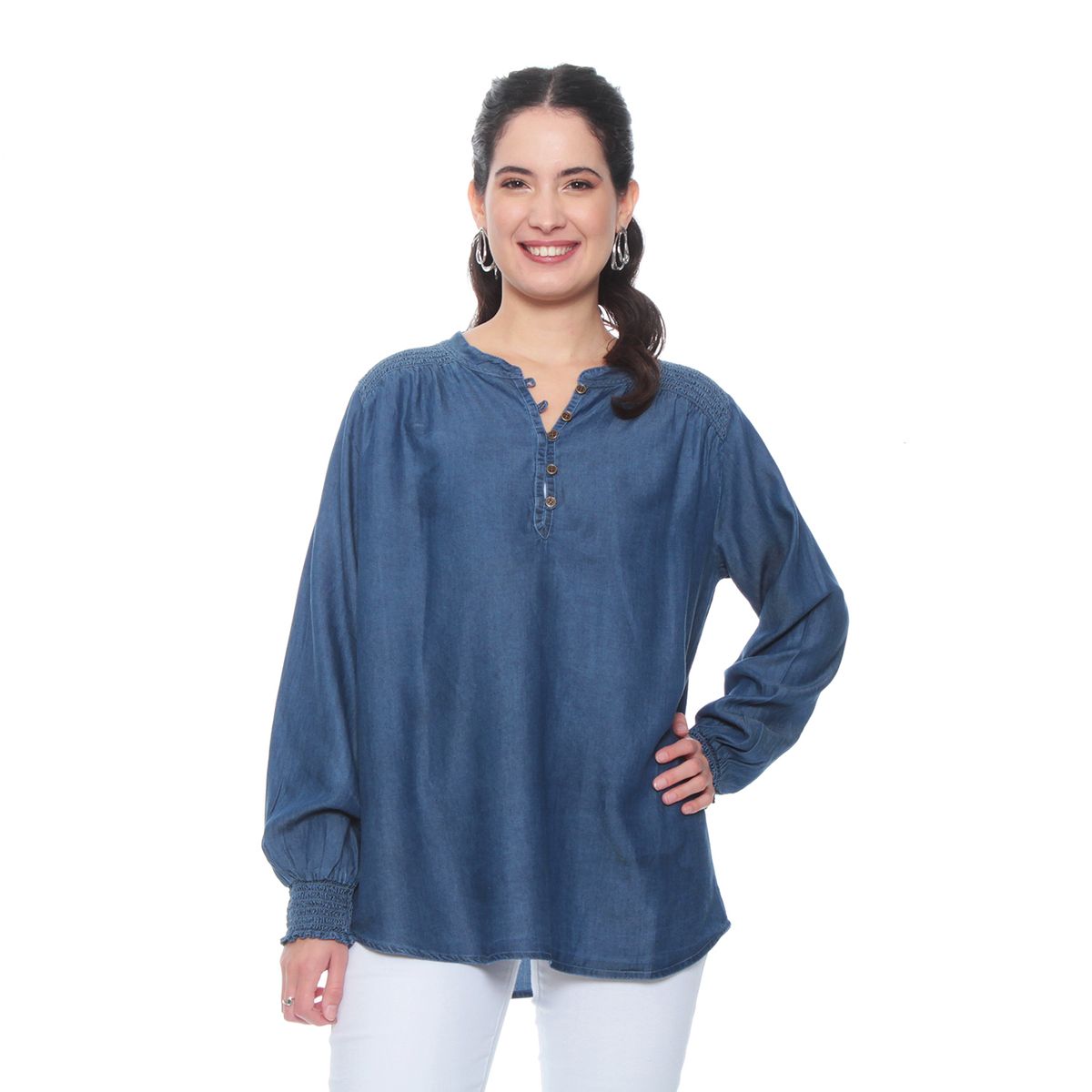 WADOS - BLUSA MANGA LARGA TENCEL CUELLO MAO CON APLICACION EN HOMBROS