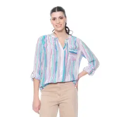 WADOS - BLUSA LISTADA MANGA LARGA CINTURA ANUDADA CUELLO MAO