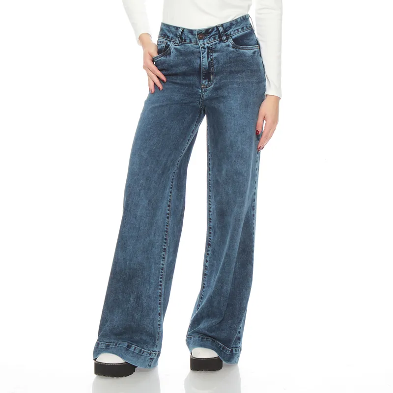 WADOS - JEANS WIDE LEG TIRO ALTO PRETINA BASICA 1 BOTON PUSH UP
