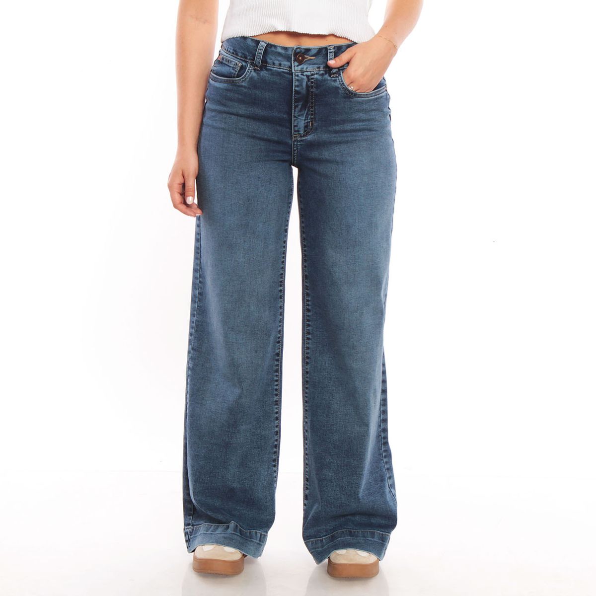 WADOS - JEANS WIDE LEG TIRO ALTO PRETINA BASICA 1 BOTON PUSH UP