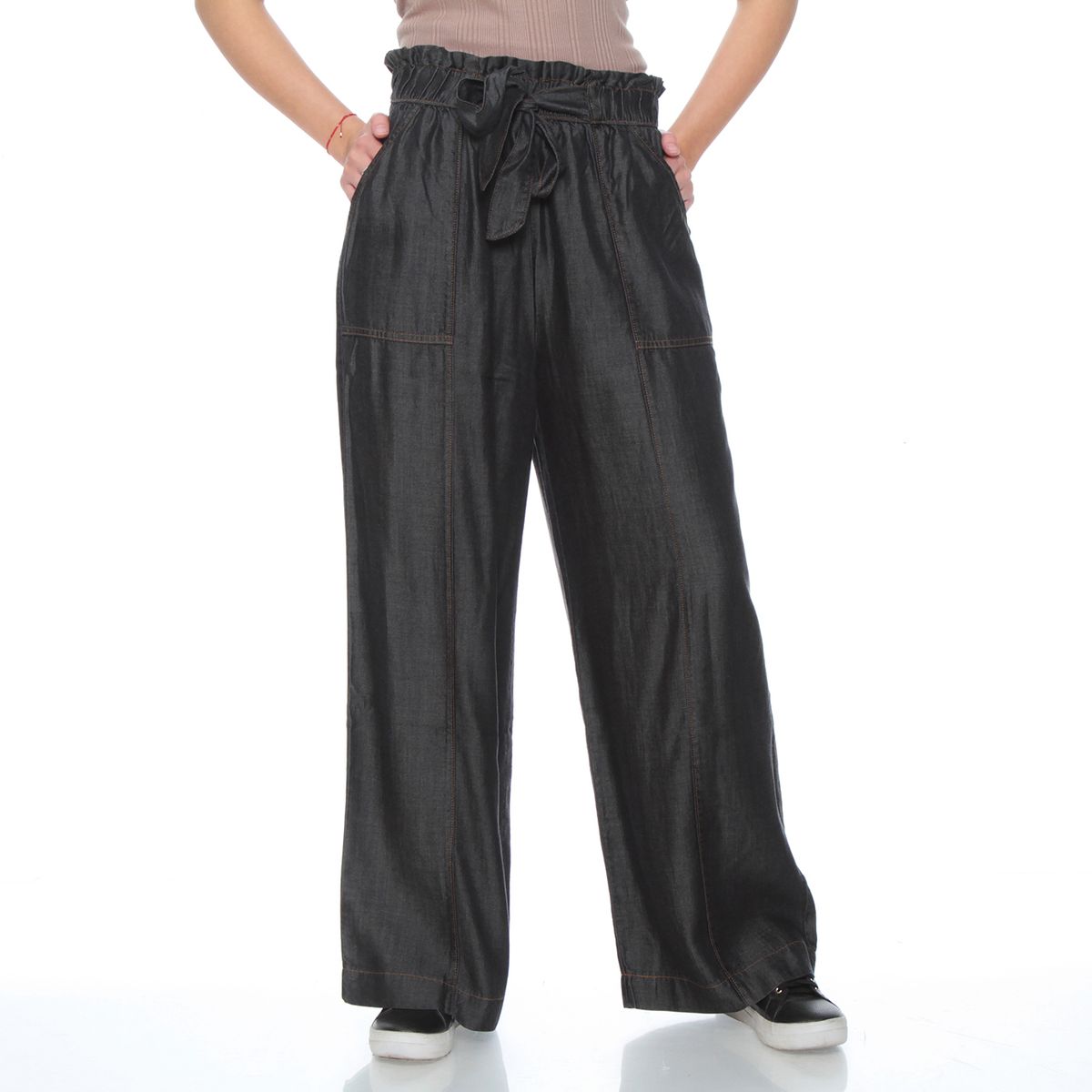 WADOS - PANTALON LYOCELL WIDE LEG TIRO ALTO PRETINA ELASTICADA CON LAZO