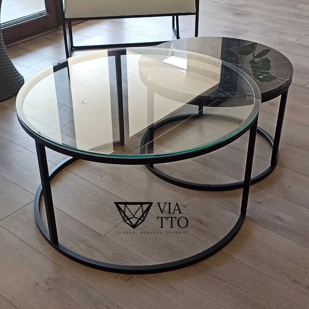 GENERICO - Mesa de Centro Nido Negra Vidrio y Mármol Marquina 60-40 cm - Viatto