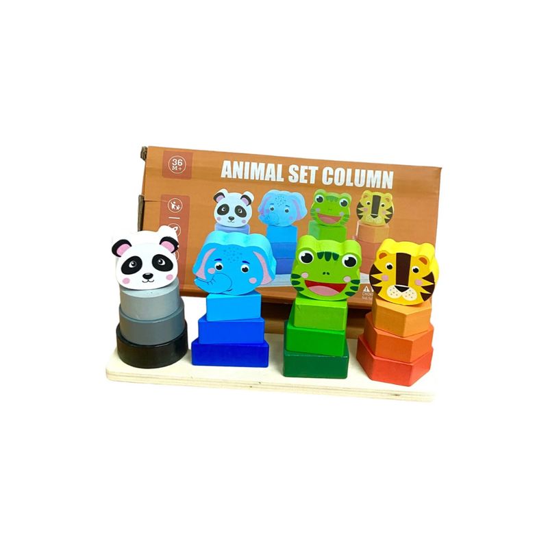 GENERICO - Juguete Apilable 4 Torres Figuras Animales Madera Preescolar