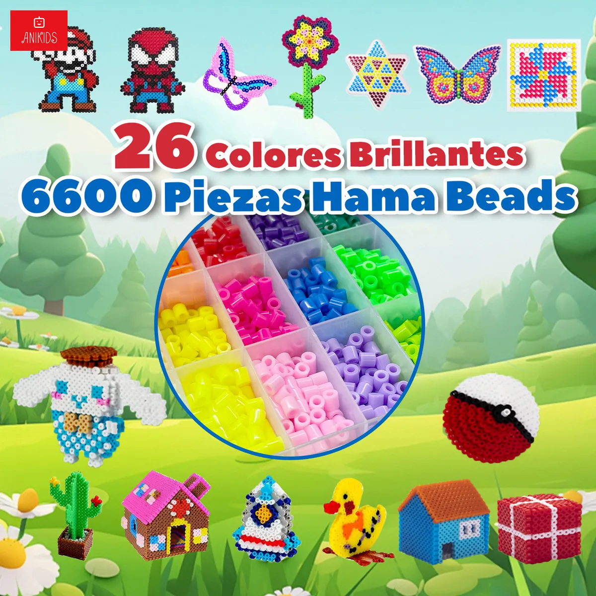 ANIKIDS - Kit 6400 Hama Perler Beads 5mm 26 Color Con Mini Plancha