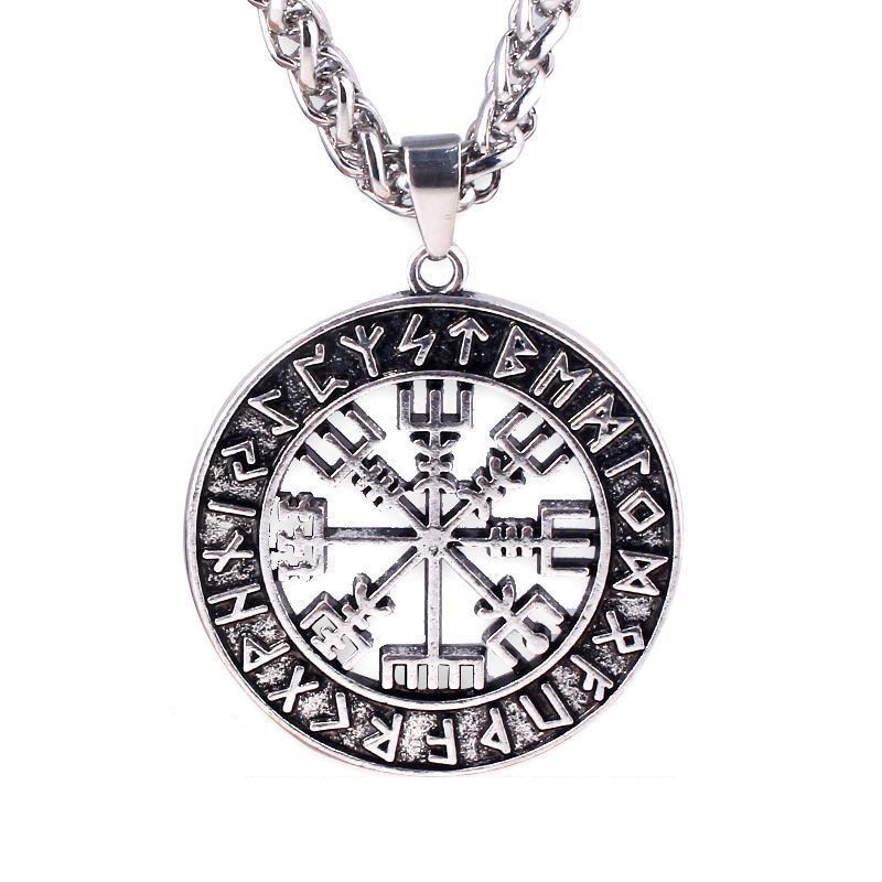KUANGYE - Collar Hombre Brújula De Runas Vikingas Acero Inox