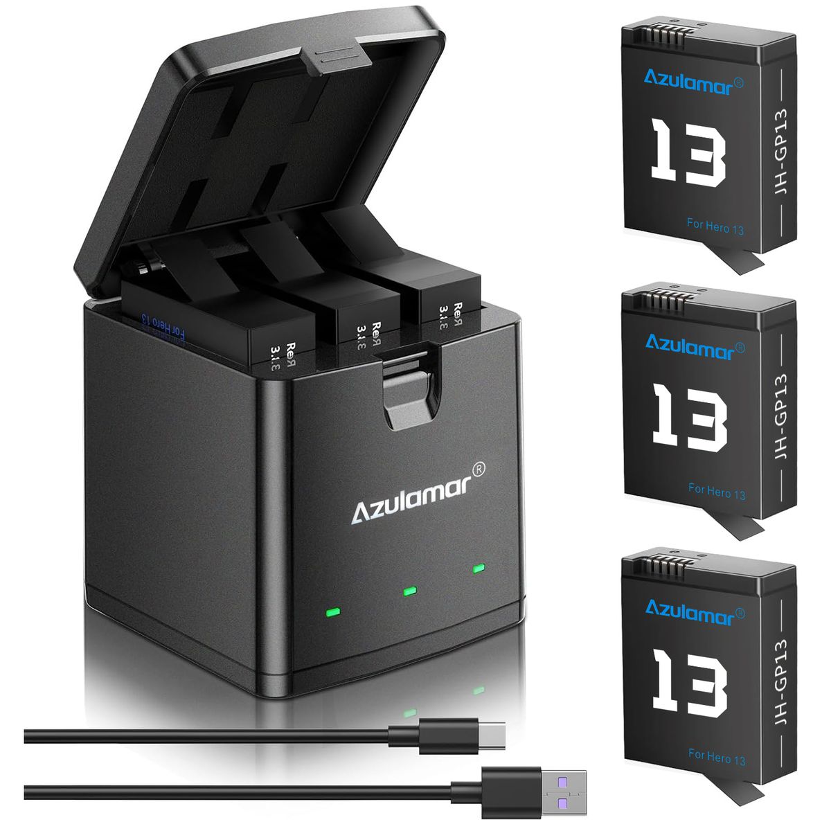 AZULAMAR - 3x Baterías Y Cargador Juego Para Gopro Hero 13