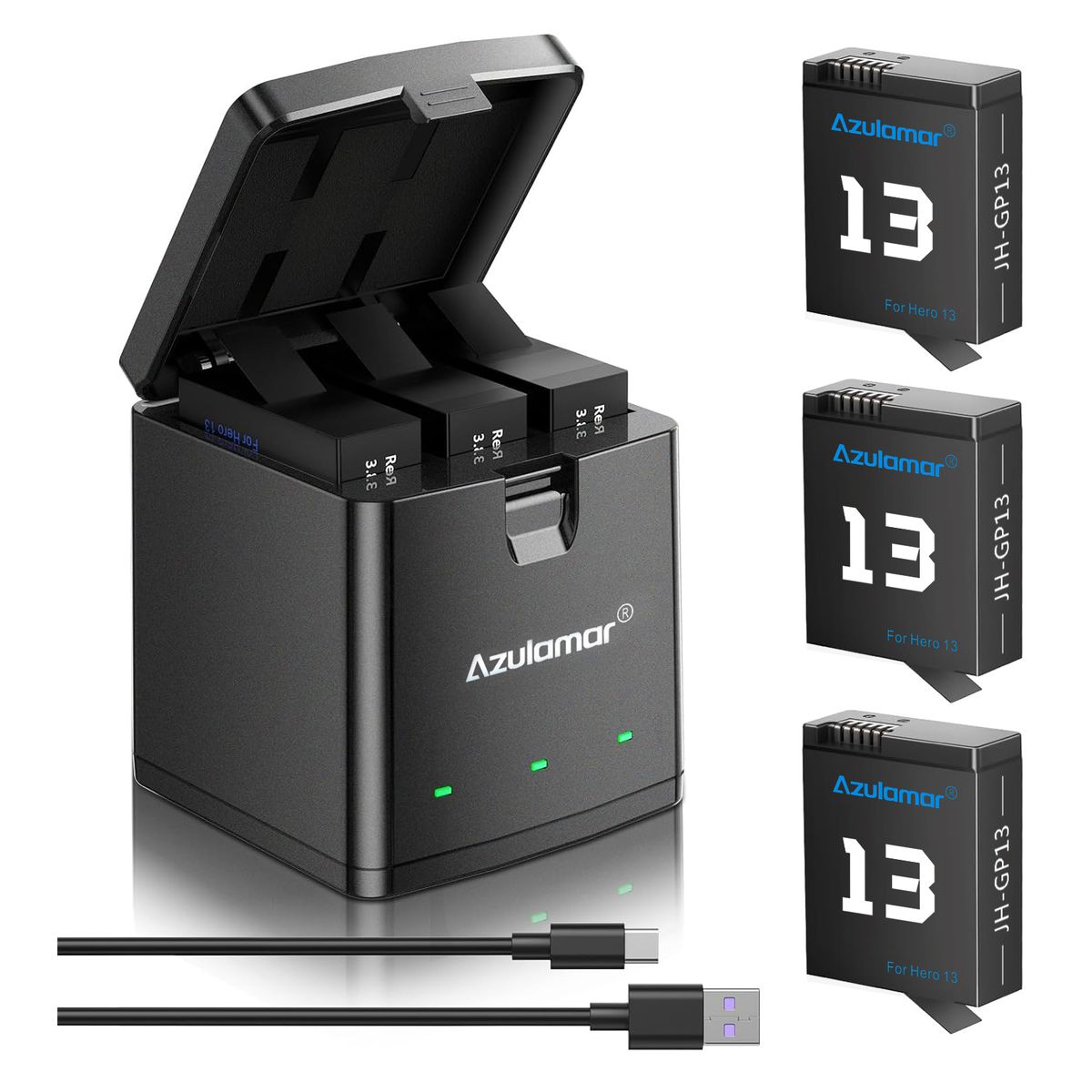 AZULAMAR - 3x Baterías Y Cargador Juego Para Gopro Hero 13