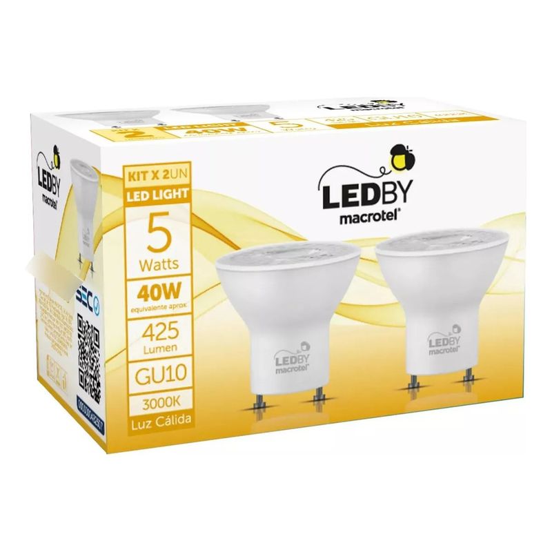 MACROTEL - Ampolletas Led Gu10 Luz Cálida 3000k 5w Kit 2un Macrotel