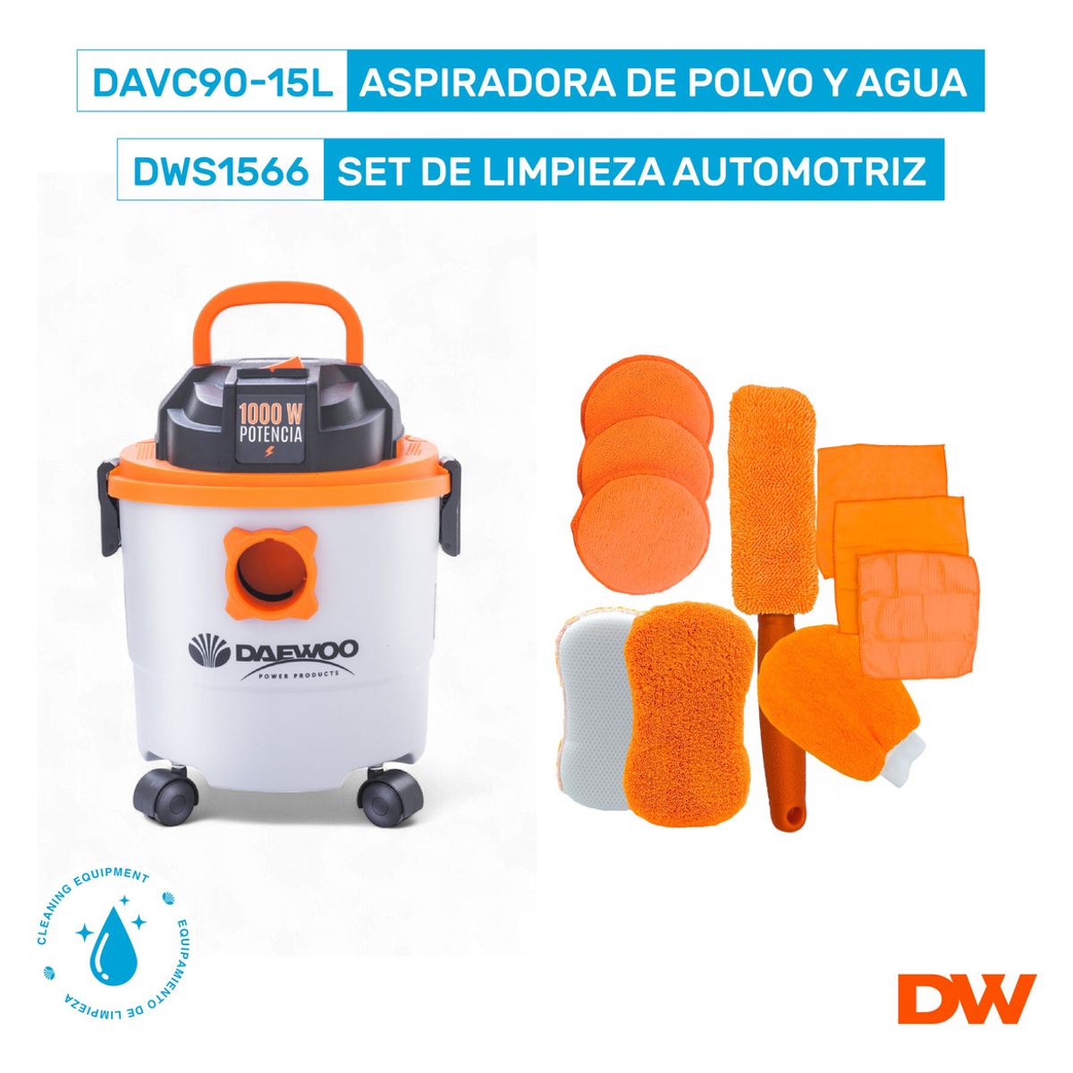 DAEWOO - Aspiradora De Tacho Polvo Y Agua Daewoo 15l 1000w + set Esponjas