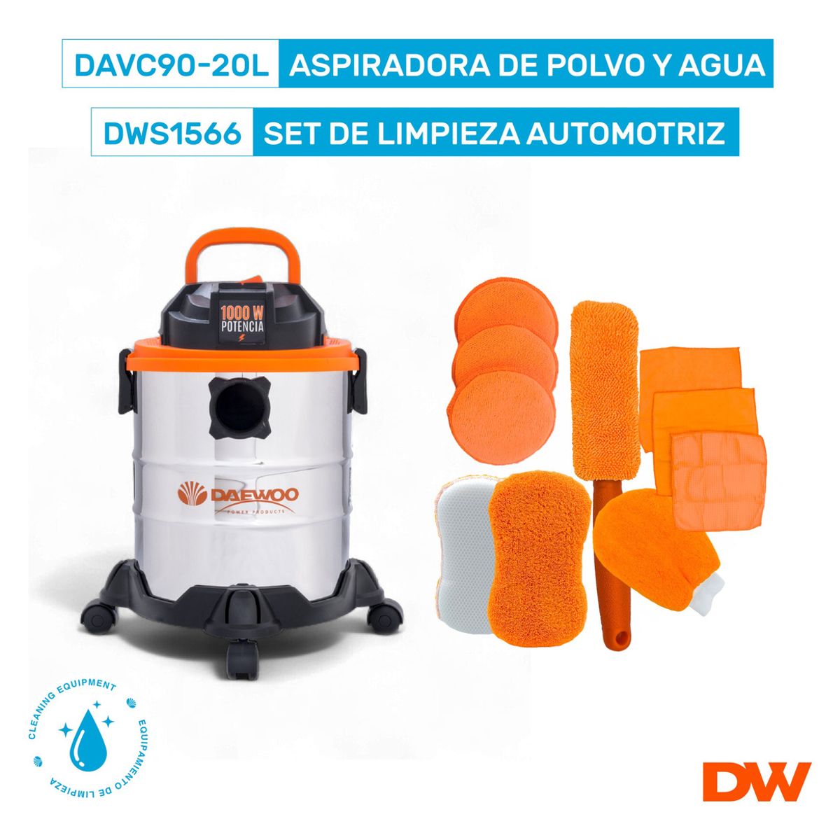 DAEWOO - Aspiradora De Tacho Polvo Y Agua Daewoo 20l 1000w + Set Esponjas