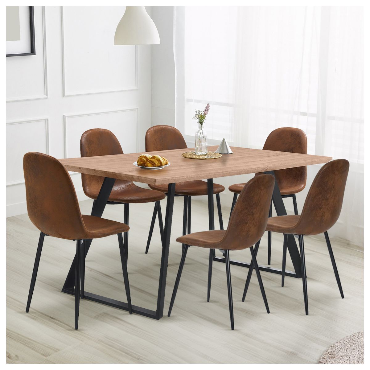 NOVAHUS - Comedor Charleston Mesa 75x80x150cm + 6 Sillas Velvet Café