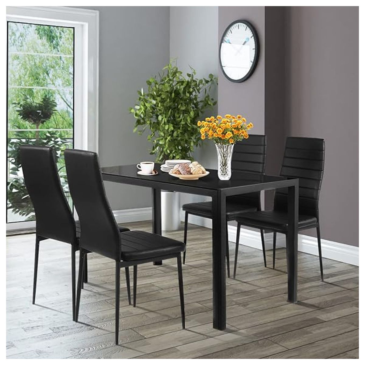 NOVAHUS - Comedor Mesa Vidrio 75x80x120cm + 4 Sillas Pu Negro