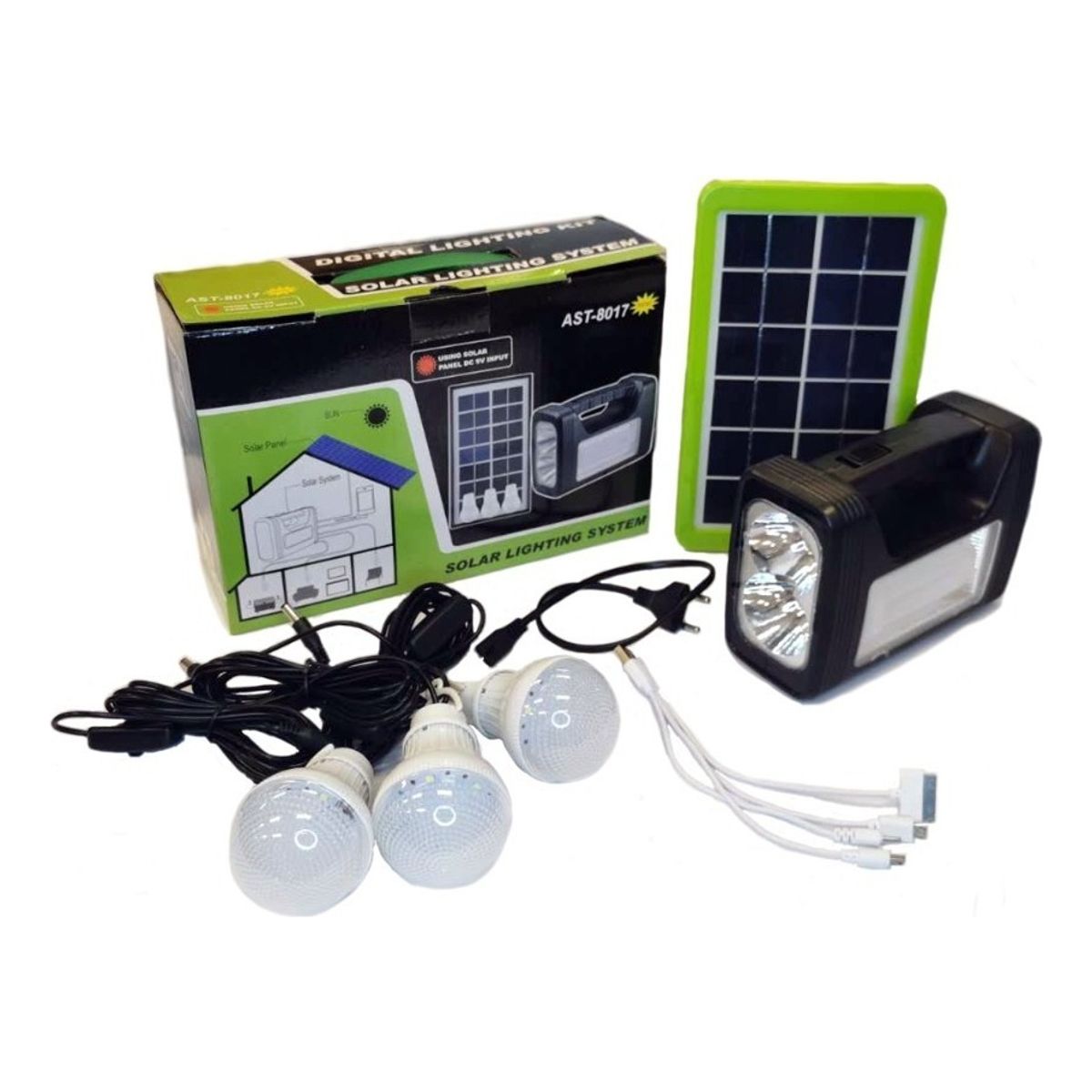 GENERICO - Kit Emergencia Camping Solar 3 Ampolletas Linterna+radio Mp3 Color Negro
