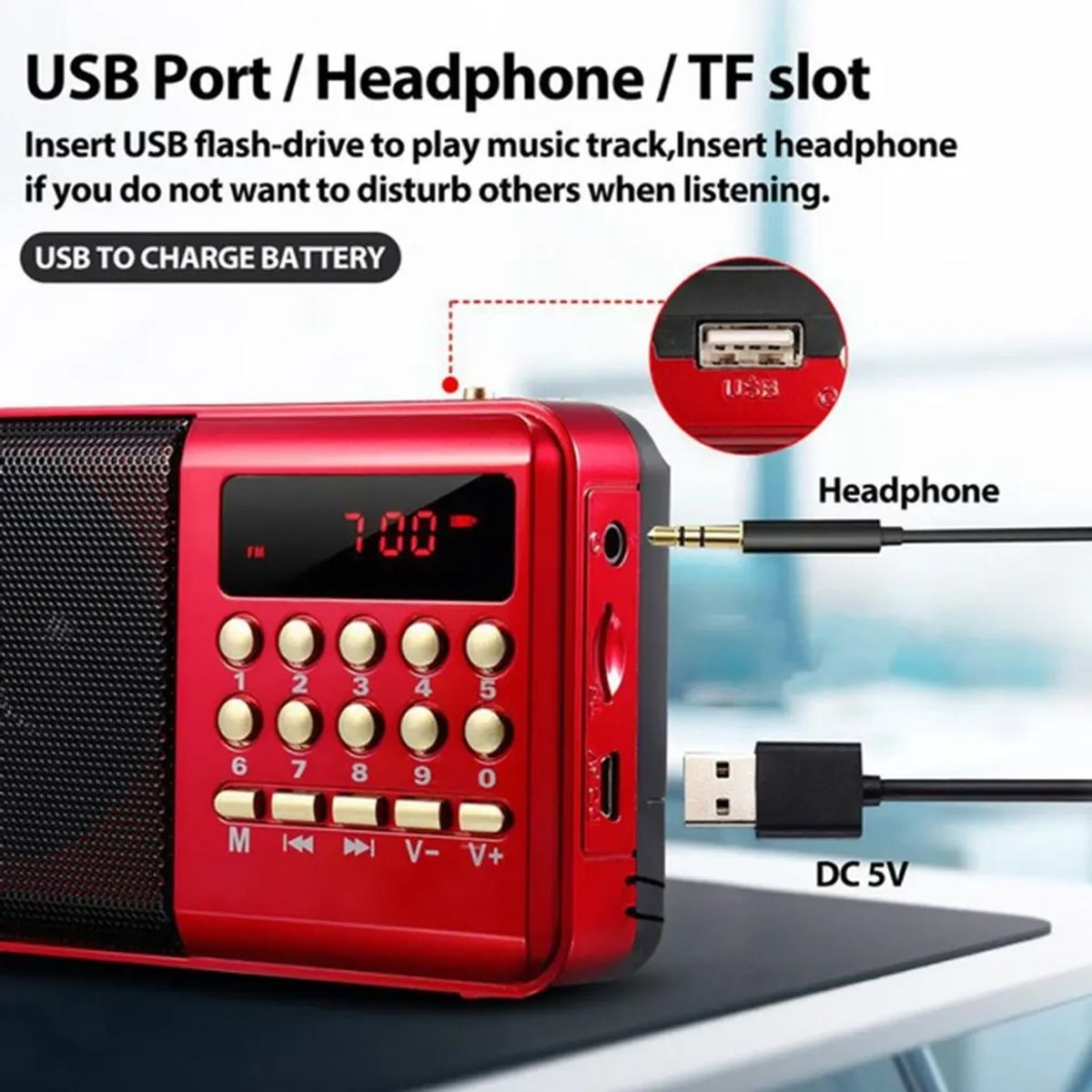 GENERICO Radio portatil Reproductor de radio FM AM recargable USB Micro ...