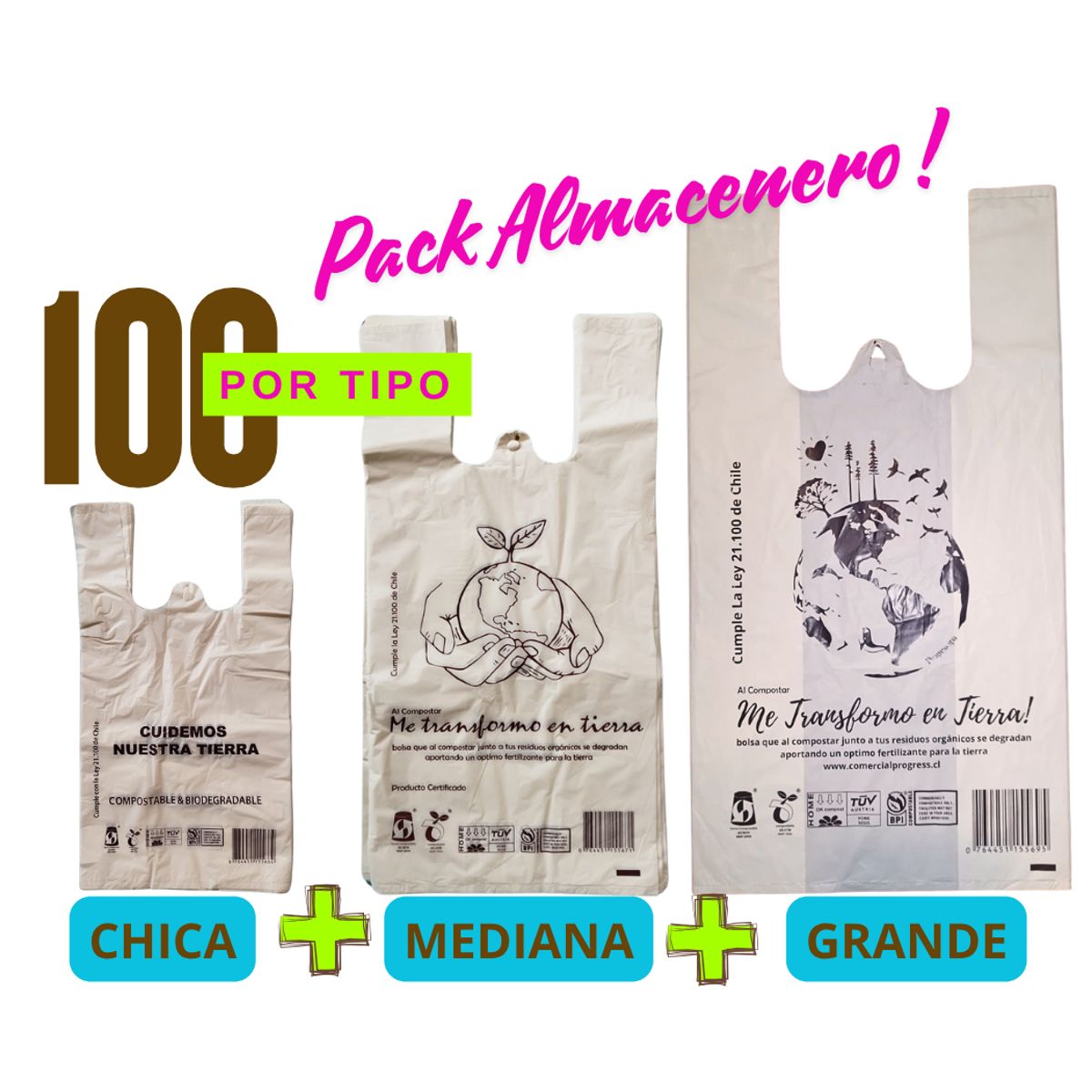 GENERICO - Bolsa Camiseta  Biodegradable y Compostable  Pack Almacenero