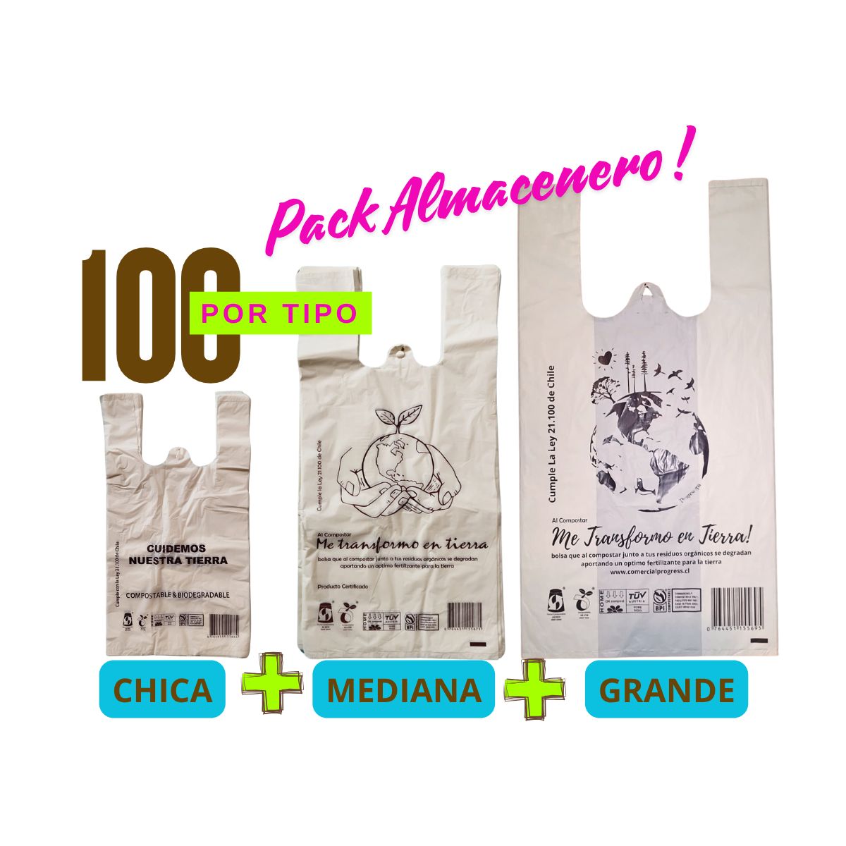 GENERICO - Bolsa Camiseta  Biodegradable y Compostable  Pack Almacenero