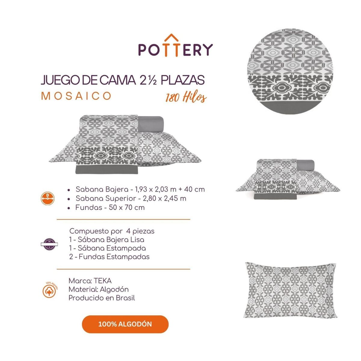 TEKA - Juego de Sábanas 4 Piezas MOSAICO 2 1⁄2 plazas - 180 hilos en 100% Algodón