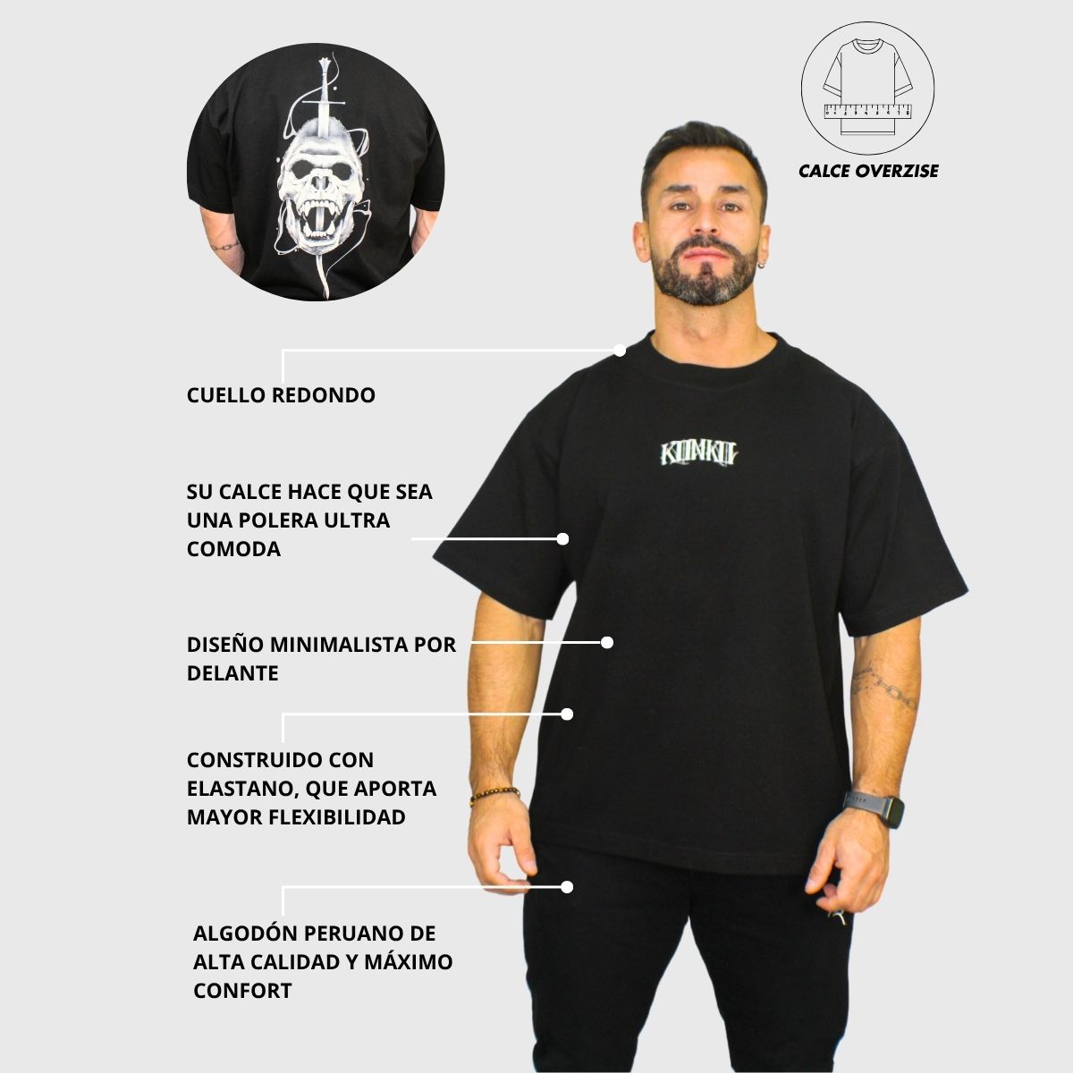 KONKO ACTIVE - Polera Oversize Manga Corta Algodón Flex Cotton Negra Skull Konko Hombre