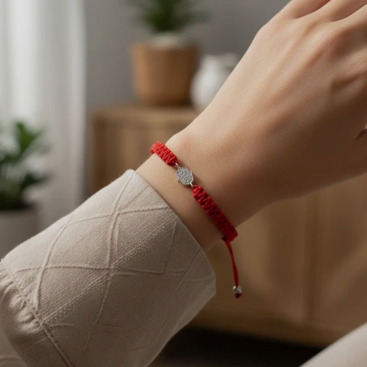 GENERICO - Pulsera Hilo Rojo Mano De Fatima Plata Fina Con Circones