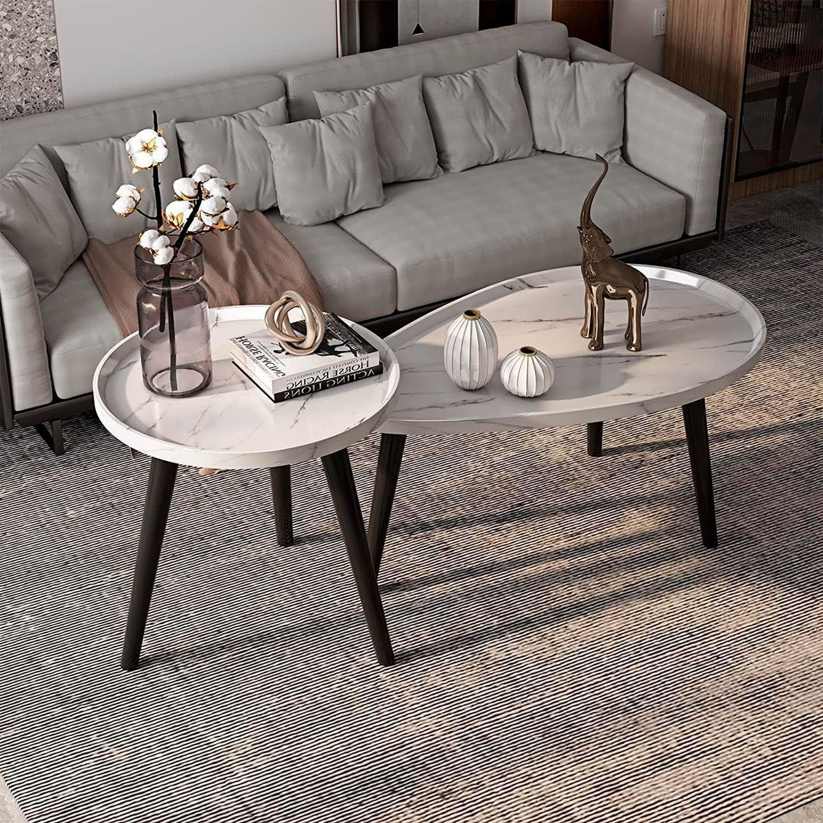 DETODOYMAS - Juego de mesa de centro ovalada 80+50cm Chic Home - Blanco