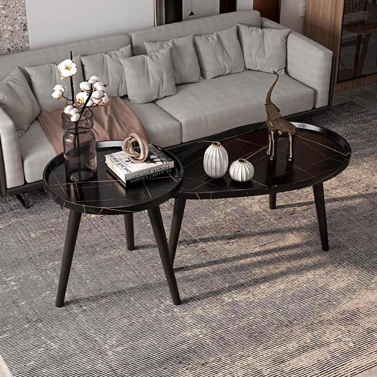 DETODOYMAS - Juego de mesa de centro ovalada 80+50cm Chic Home - Negro