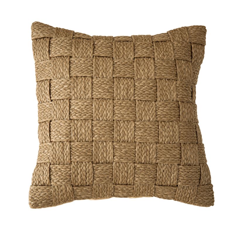 VADELL - Cojín premium de rafia y polipropileno beige con tejido de cuadros entrelazados de 45 x 45 cm
