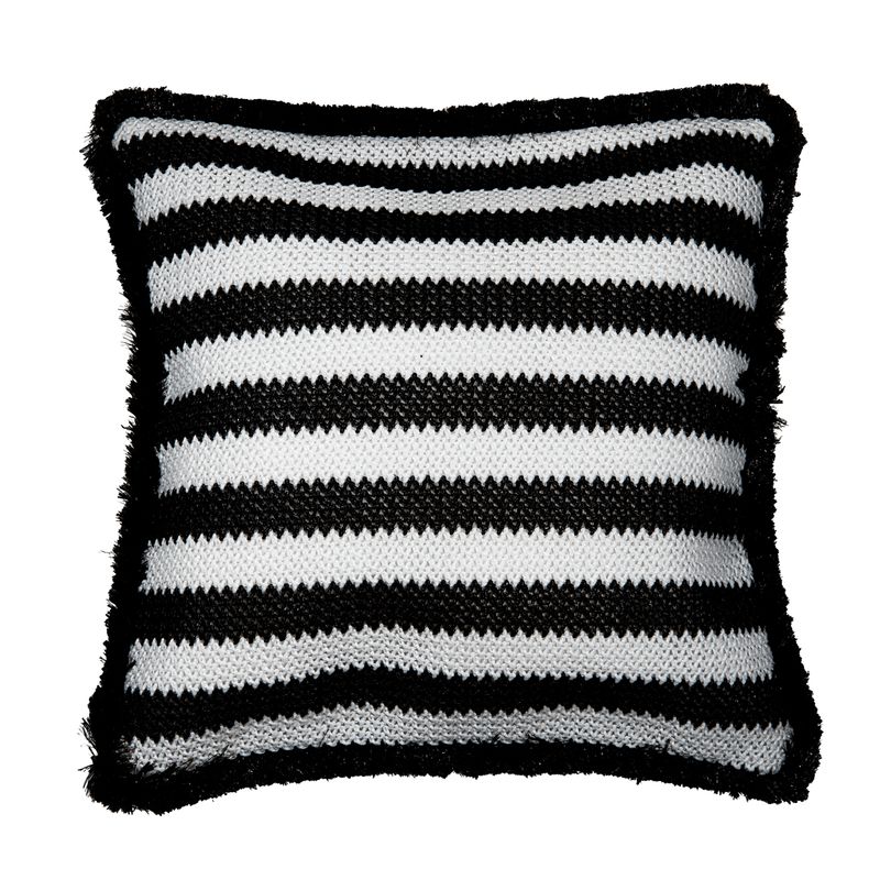 VADELL - Cojín de rafia con líneas negras y blancas con flecos negros de 45 x 45 cm