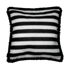 VADELL - Cojín de rafia con líneas negras y blancas con flecos negros de 45 x 45 cm