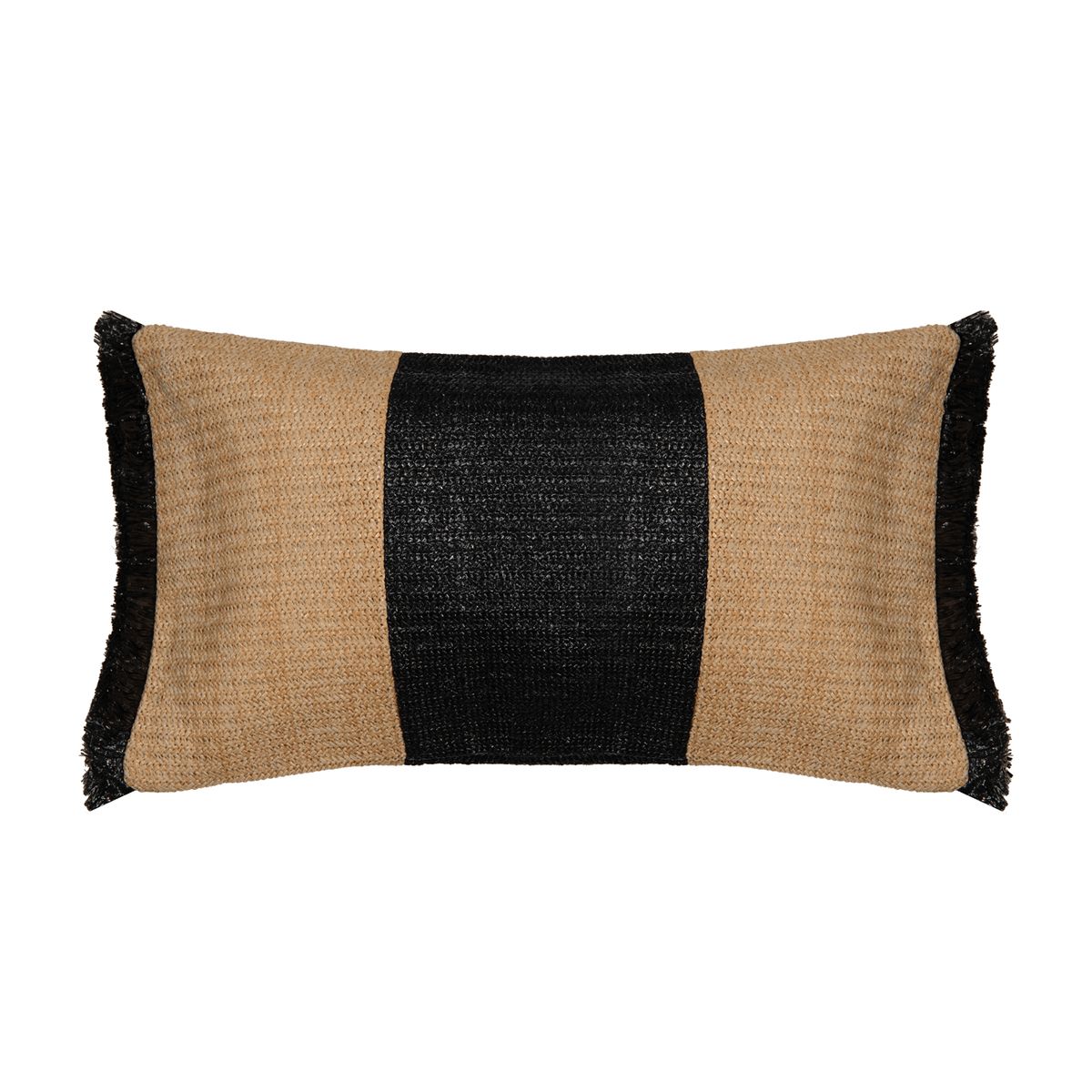 VADELL - Cojín de rafia beige y negro con flecos negros de 30 x 50 cm