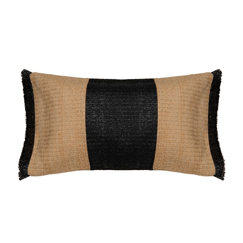 VADELL - Cojín de rafia beige y negro con flecos negros de 30 x 50 cm