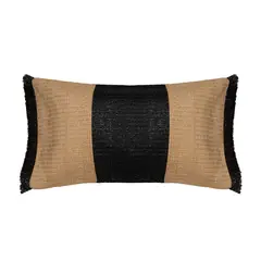 VADELL - Cojín de rafia beige y negro con flecos negros de 30 x 50 cm