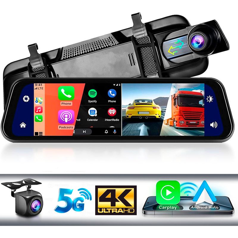 GENERICO - Pantalla Auto Espejo Retrovisor Android Y Cp Camara Dual 4k