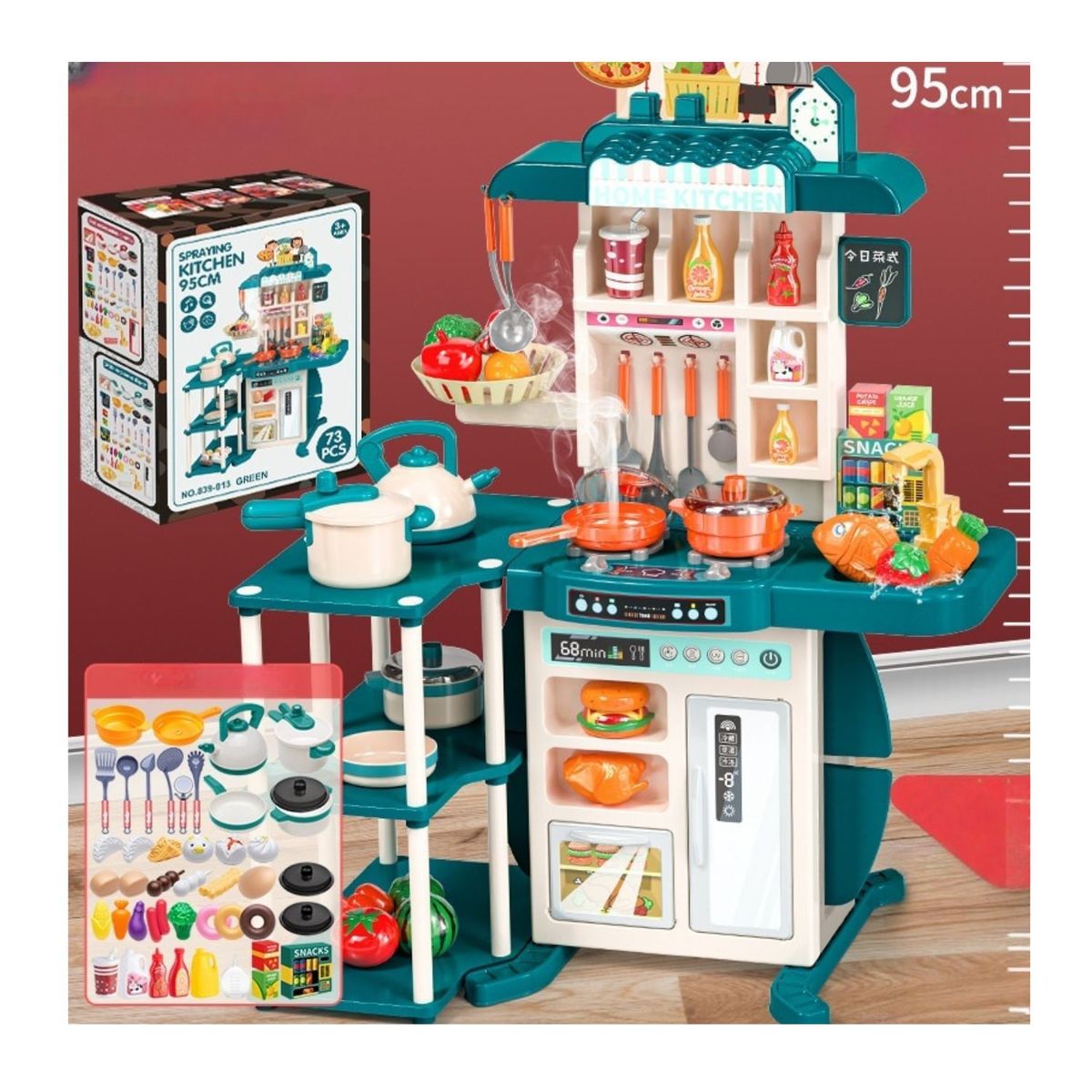 BABYLUNA - Cocina De Juguete Grande 95 Cm 73 Piezas Con Luz Y Sonido