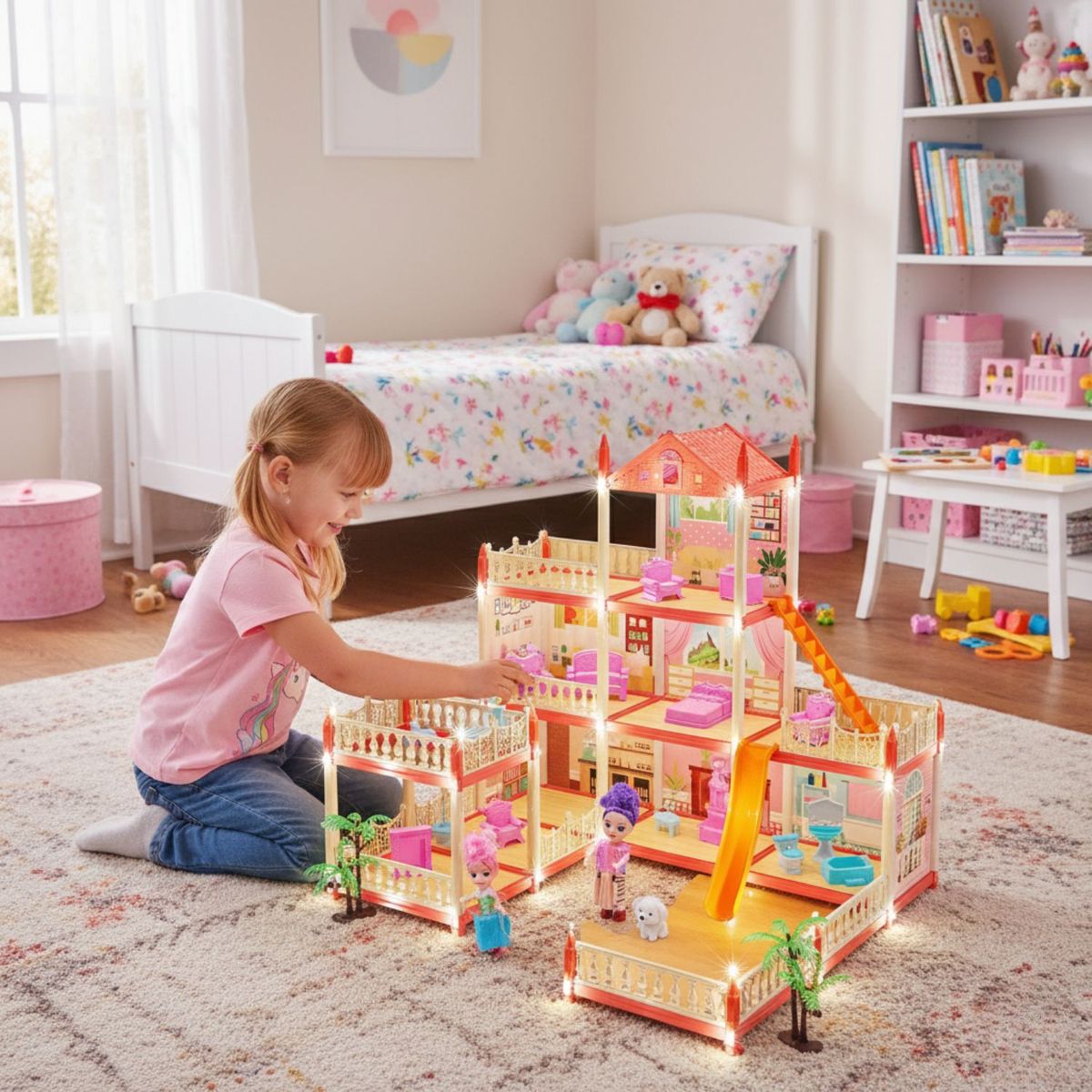 BABYLUNA - Casa De Muñecas 3 Niveles Con Luces Decorativas Y Accesorios