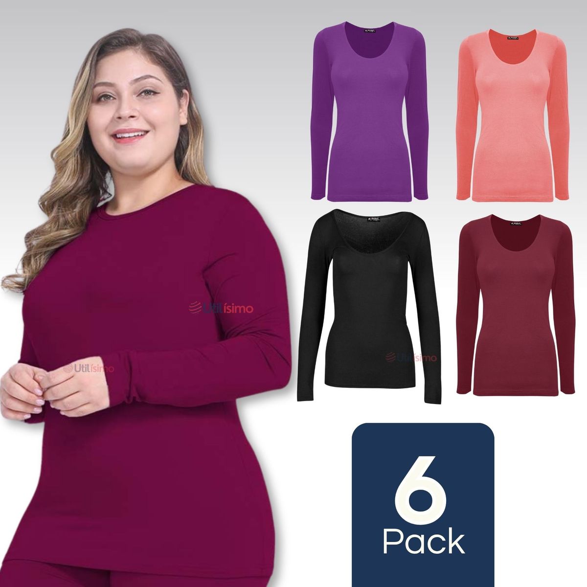 UTILISIMO - Pack 6 Camiseta Polar Manga Larga Primera Capa Mujer Polera