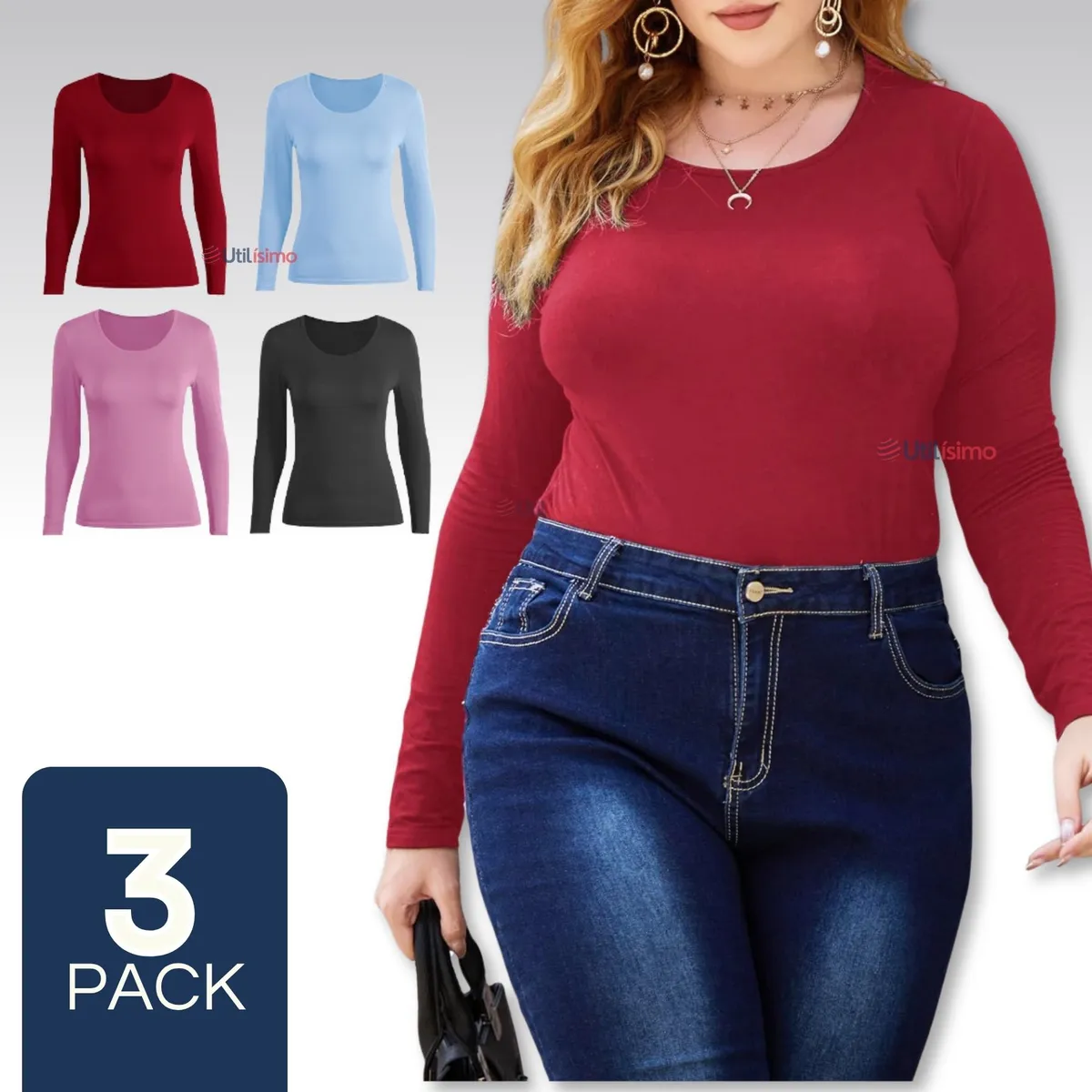 UTILISIMO - Pack 3 Camiseta Bambù Manga Larga Primera Capa Mujer Polera