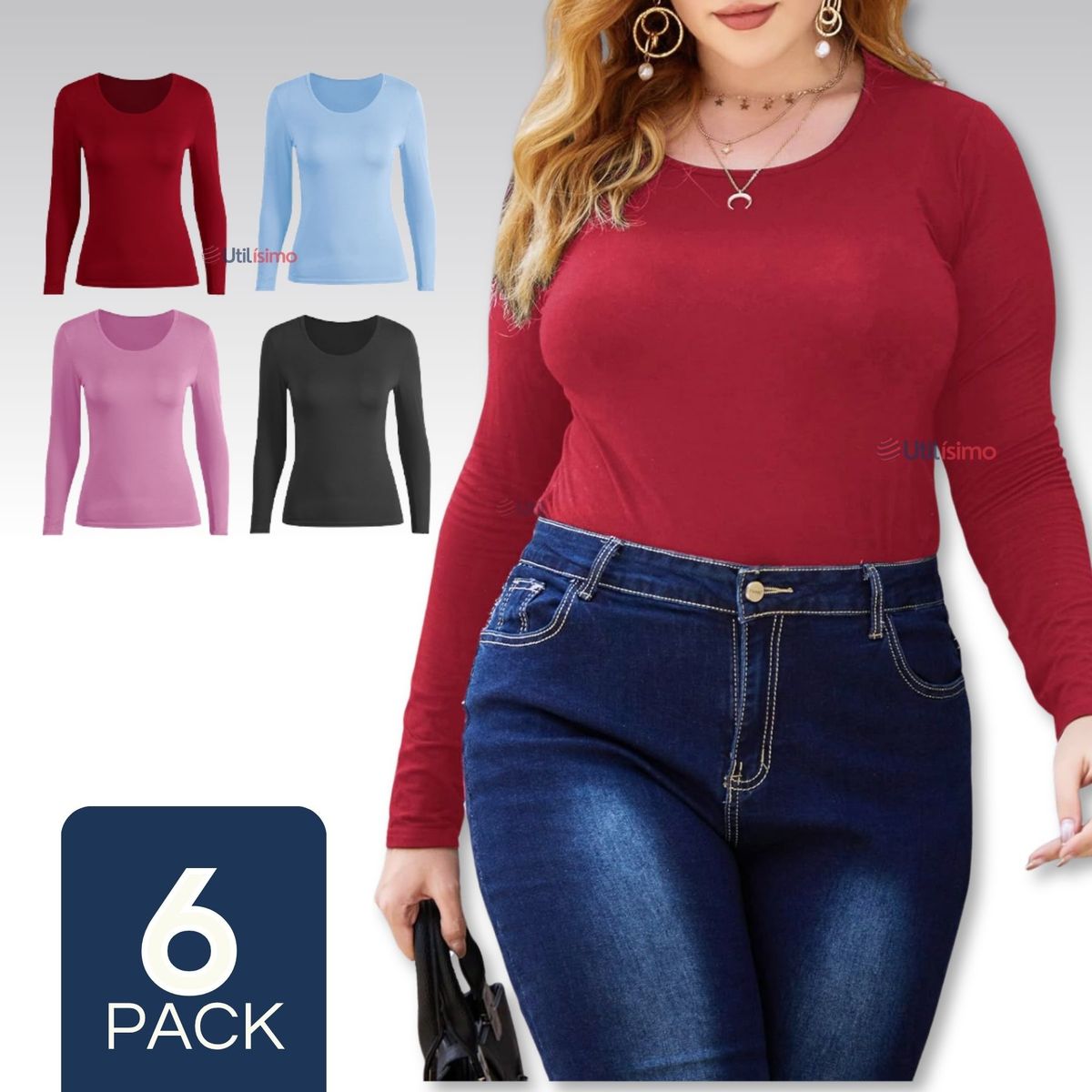 UTILISIMO - Pack 6 Camiseta Bambù Manga Larga Primera Capa Mujer Polera