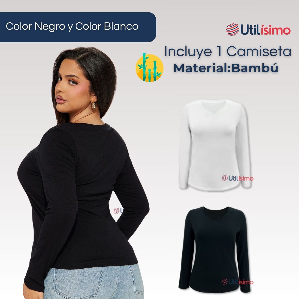 UTILISIMO - Camiseta Bambú Manga Larga Primera Capa Mujer Blanco y negro