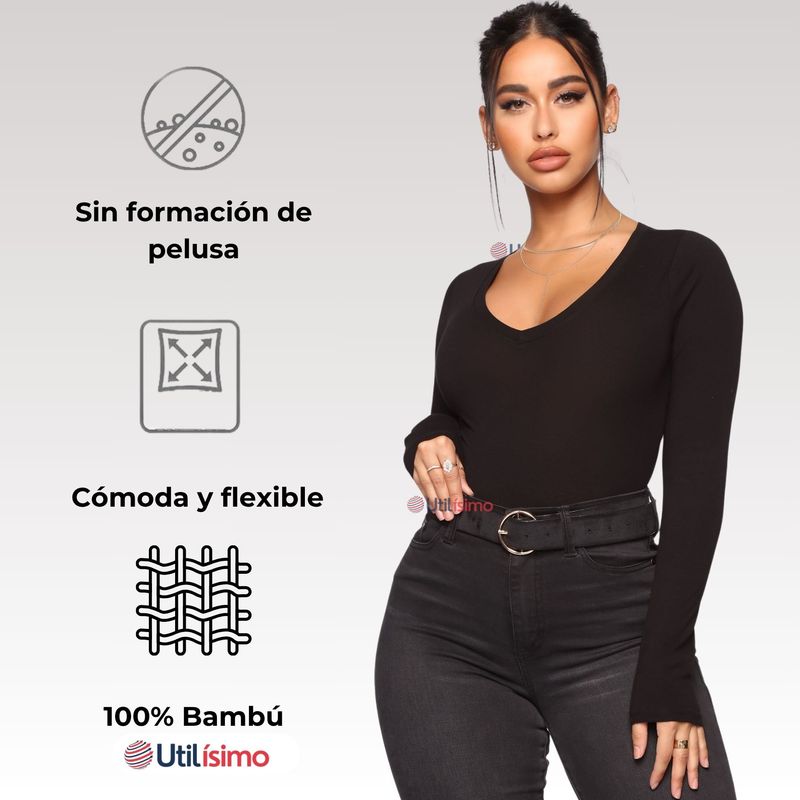 UTILISIMO - Camiseta Bambú Manga Larga Primera Capa Mujer Blanco y negro