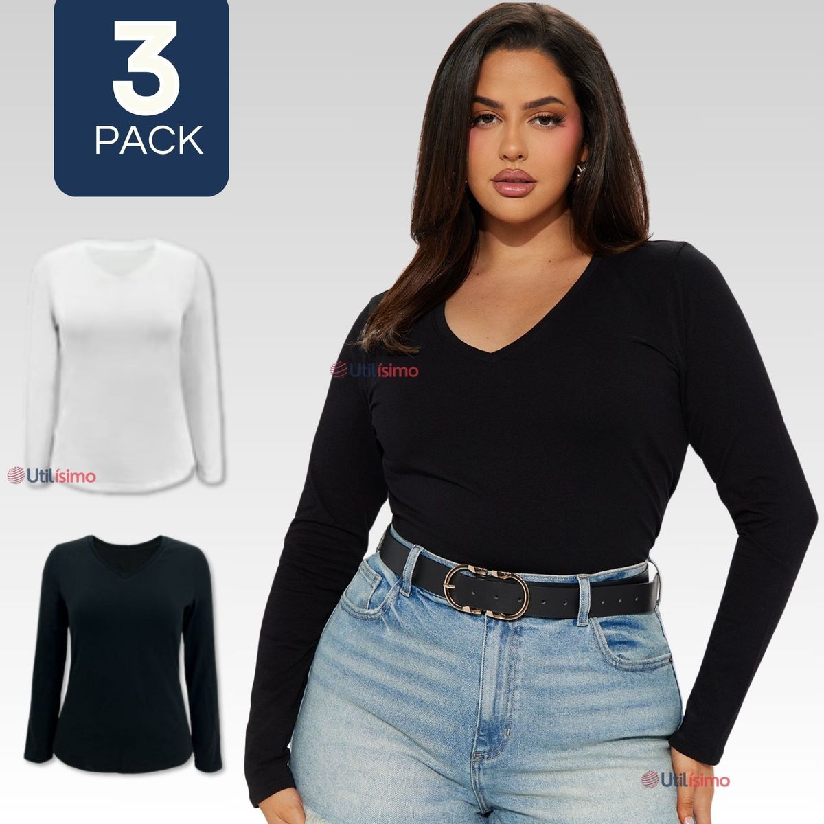 UTILISIMO - Pack 3 Camiseta Bambú Manga Larga Primera Capa Mujer Blanco y negro