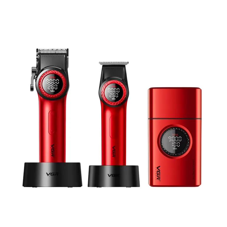 Barber Combo Cortapelo V001 + Patillera V977+ Shaver V377 Rojo