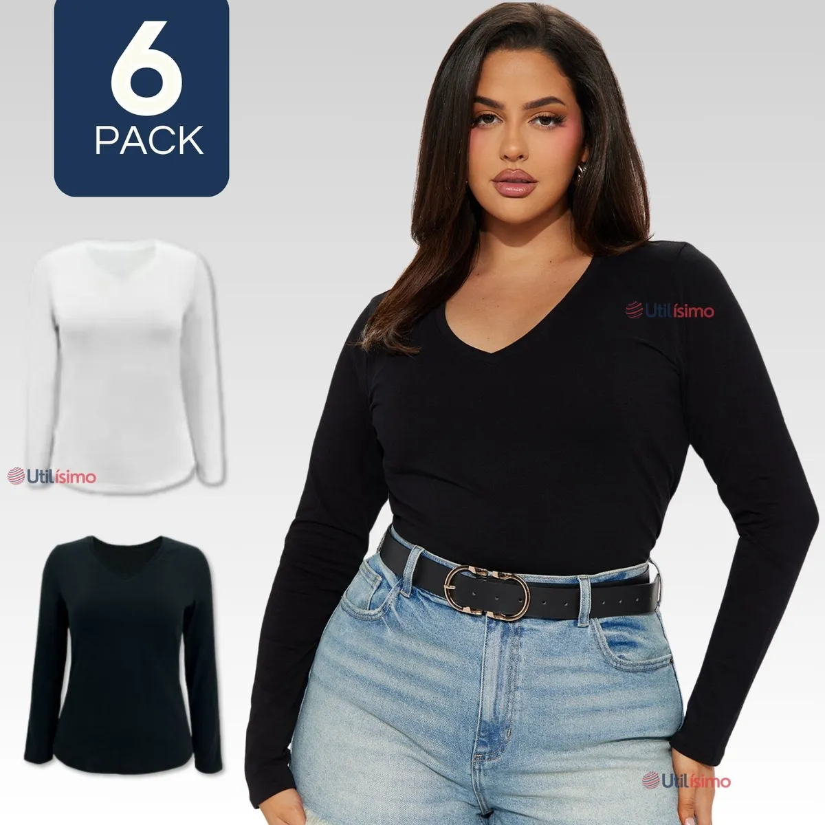 UTILISIMO - Pack 6 Camiseta Bambú Manga Larga Primera Capa Mujer blanco y negro