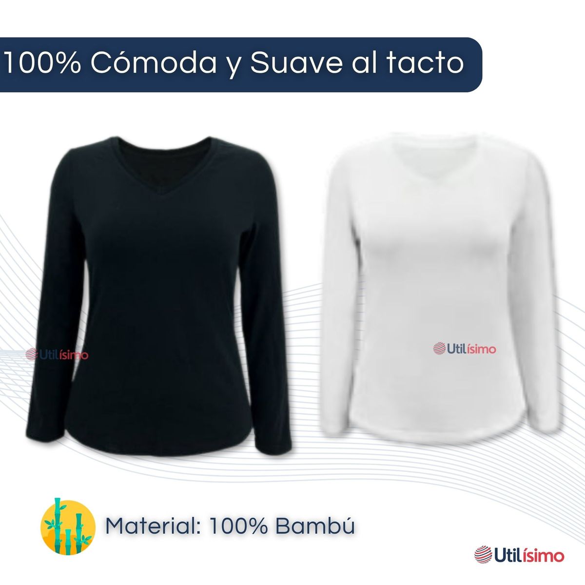 UTILISIMO - Pack 6 Camiseta Bambú Manga Larga Primera Capa Mujer blanco y negro