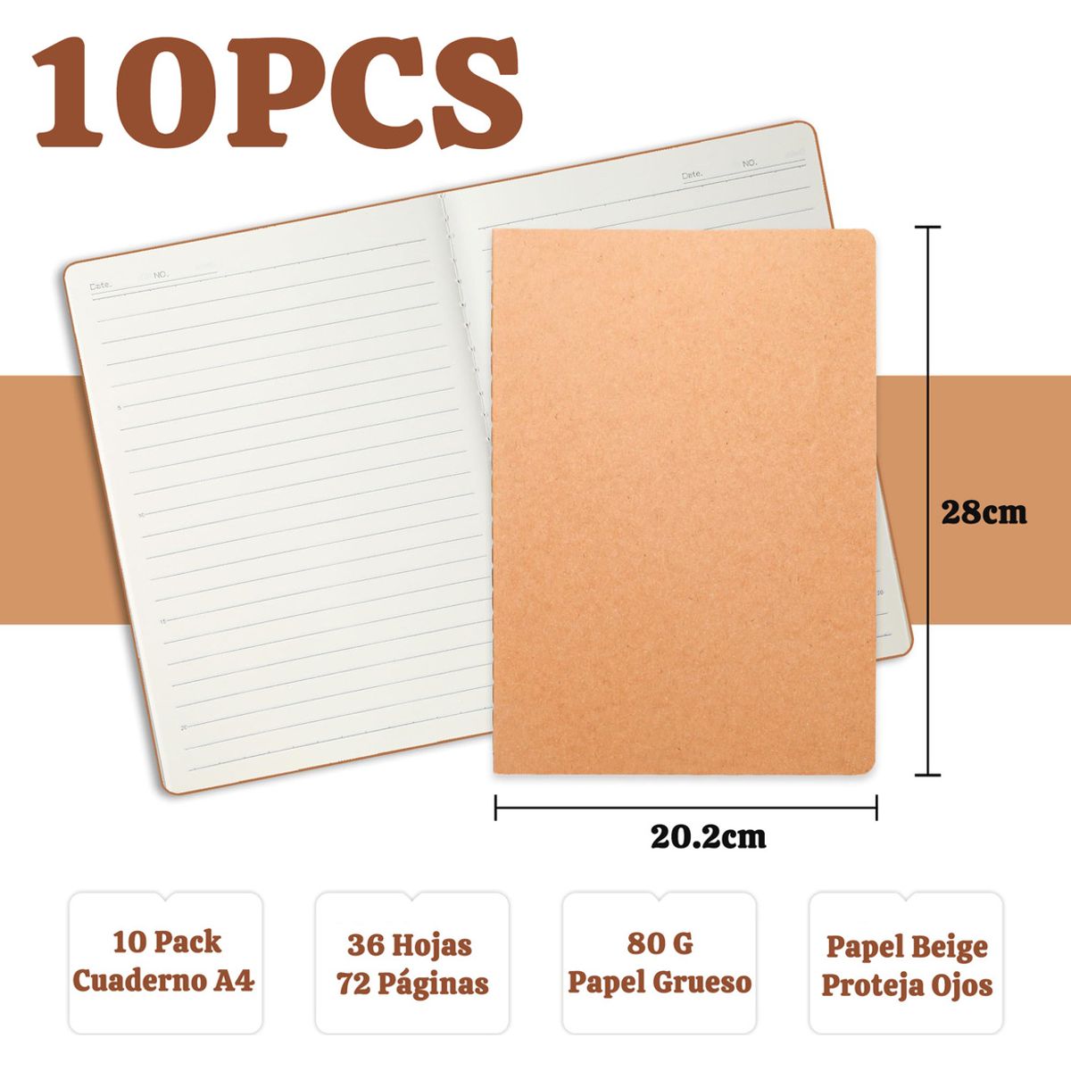 GENERICO - 10pcs Cuadernos A4 Kraft 72 Páginas-Rayada