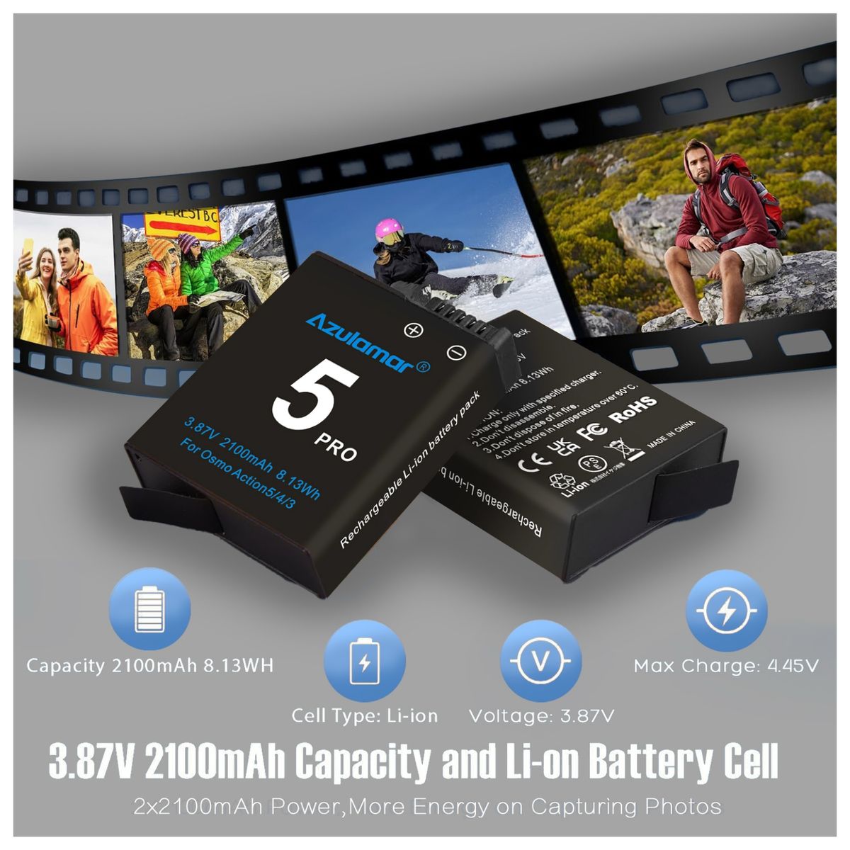 AZULAMAR - 2x Baterías Y Cargador Juego Para Dji Action 5 Pro 4 3